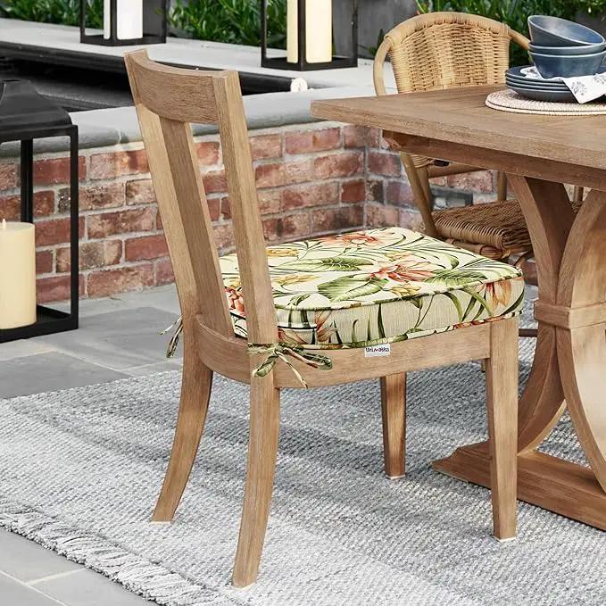 Round Corner Seat Cushions, 17" x 16" x 2", Set of 4, Indoor Outdoor Water Repellent Universal Chair Pads with Ties for Patio Furniture, Garden Deck Dining Chairs, Leaf and Flower by GreenHaven Gardens