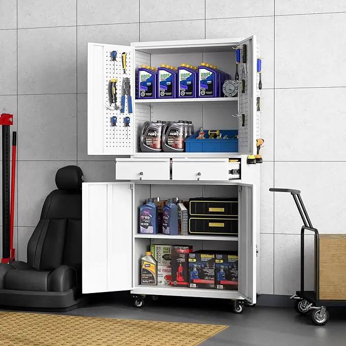 Metal Garage Storage Cabinet with Locking Doors and 2 Adjustable Shelves, Rolling Tool Storage Cabinet with 4 Wheels and 2 Drawer for Garage, Warehouse, White, Assembly Required by GreenHaven Gardens