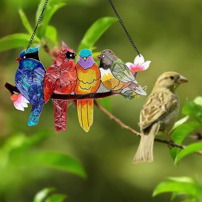 Stained Glass Window Hanging - Large Suncatcher Stained Glass Birds on Branch, Sun Catchers for Indoor Window Doors Room Home Decoration Hummingbird Gifts for Bird Lovers by GreenHaven Gardens