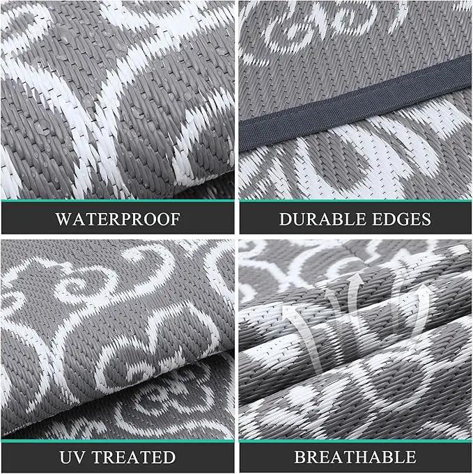 Pauwer Waterproof Outdoor Rug 6ft, Reversible Plastic Straw Patio Camping Rug, Indoor Outdoor RV Mat Carpet for Deck, Camper, Porch, Balcony, Backyard, Picnic, Floral Grey by GreenHaven Gardens