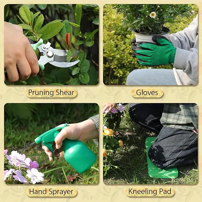 LeMotech Gardening Tools, 10-Piece Heavy Duty Garden Hand Tools Set with Wooden Handle, Durable Fashion Organizer Bag for Garden Supplies, Gardening Gifts for Women Grandmother, Yellow Floral Pattern by GreenHaven Gardens