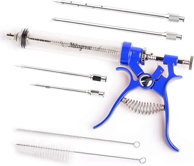 Meat Injector Marinade Gun Stainless Steel Outdoor Kit Flavor Food Syringes & 4 Marinades Needles for BBQ Grill Smoker Injectors Professional Syringe Held Culinary Barbecue Tool (Blue) by GreenHaven Gardens