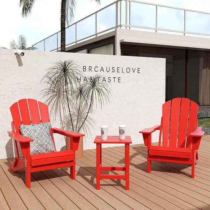WO Home Furniture Adirondack Chairs Table Set of 3 PCS Outdoor Folding Chairs Side End Table Weather/UV Resistant for Lawn, Garden, Bon Fire, Balcony (Red) by GreenHaven Gardens