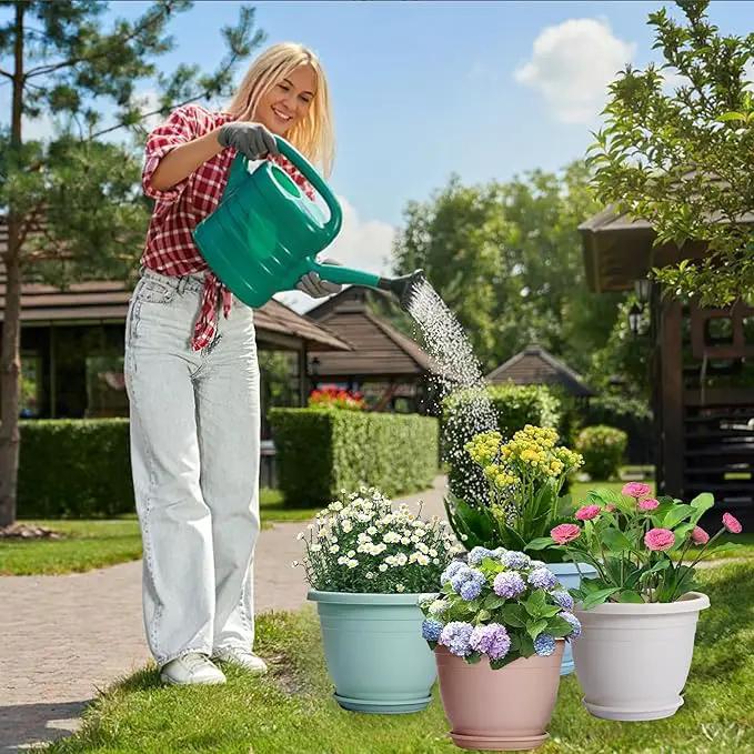 5 Packs 10 inch Plant Pots + Saucer, Planters for Indoor & Outdoor Plants with Drainage Holes | Plastic Flower Pots, Large Planter (Light Green, 10 inch) by GreenHaven Gardens