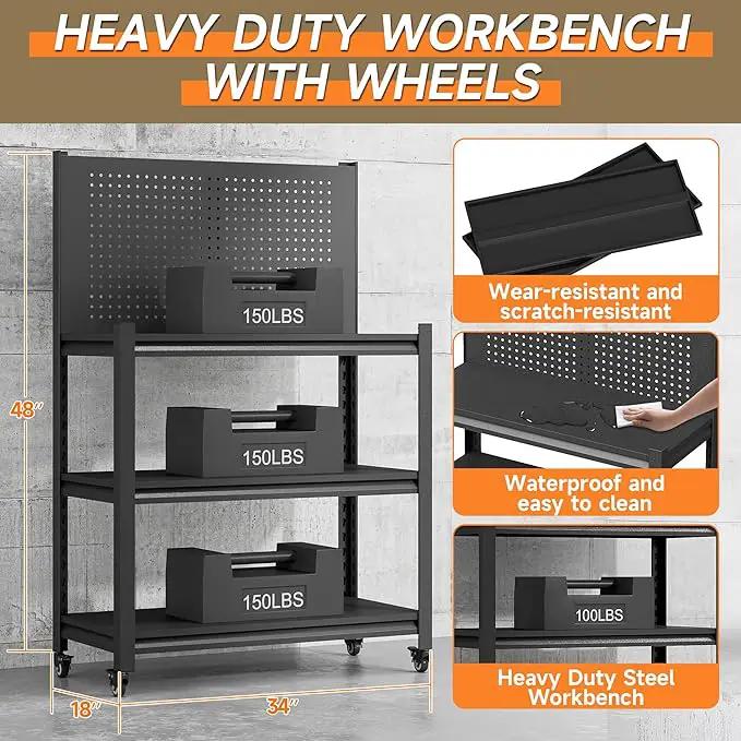 Workbench with Pegboard, Adjustable Heavy Duty Work Table with Wheels, Heavy Duty Workstation, Metal Tool Work Bench for Garage Warehouse Workshop, 48" H x 18" D x 34" W, Black by GreenHaven Gardens