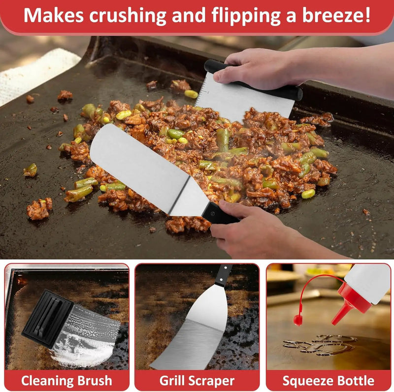 Griddle Accessories Set of 25, Leonyo Grill Accessories for Outdoor, Commercial BBQ Tools Grilling Smash Burger Press Kit with Enlarged Metal Spatulas Scraper for Flat Top Grill, Hibachi, ABS Handle by GreenHaven Gardens