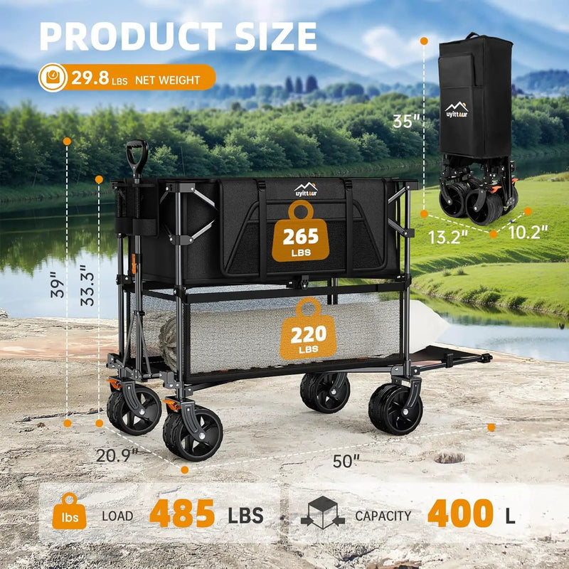 Foldable 50''L Extra Long Double Decker Wagon for Sport, 400L Collapsible Heavy Duty Wagon Cart with Big Wheels, Utility All-Terrain Large Extender Cart for Outdoors by GreenHaven Gardens