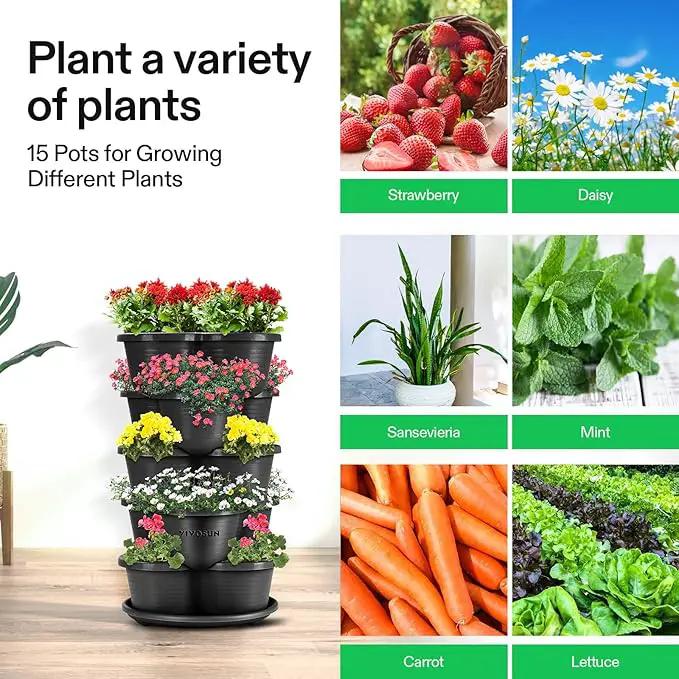VIVOSUN 5 Tier Vertical Gardening Stackable Planter for Strawberries, Flowers, Herbs, Vegetables, Black by GreenHaven Gardens