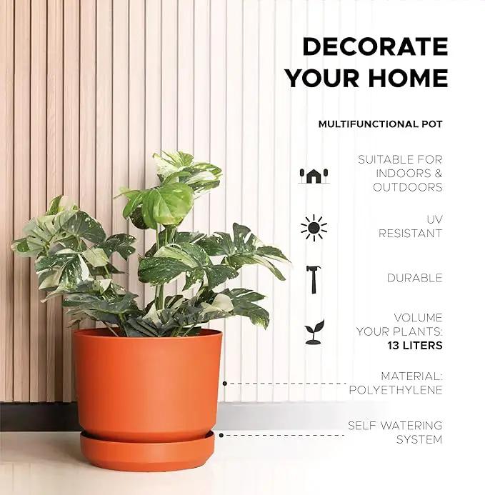 Elly Décor 14 inch Plastic Cylinder Planter Pot with Self-Watering Saucer and Drainage Hole,Lightweight & Extremely Durable, 14"x 14", Terracotta by GreenHaven Gardens