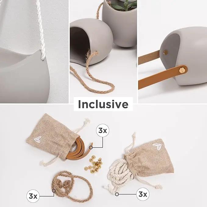 Wall Planters -Ellie- | Hanging Ceramic Plant Pots 3 Pieces | Wall Decoration for Indoors, Balcony and Garden | Light Grey (Matte) by GreenHaven Gardens