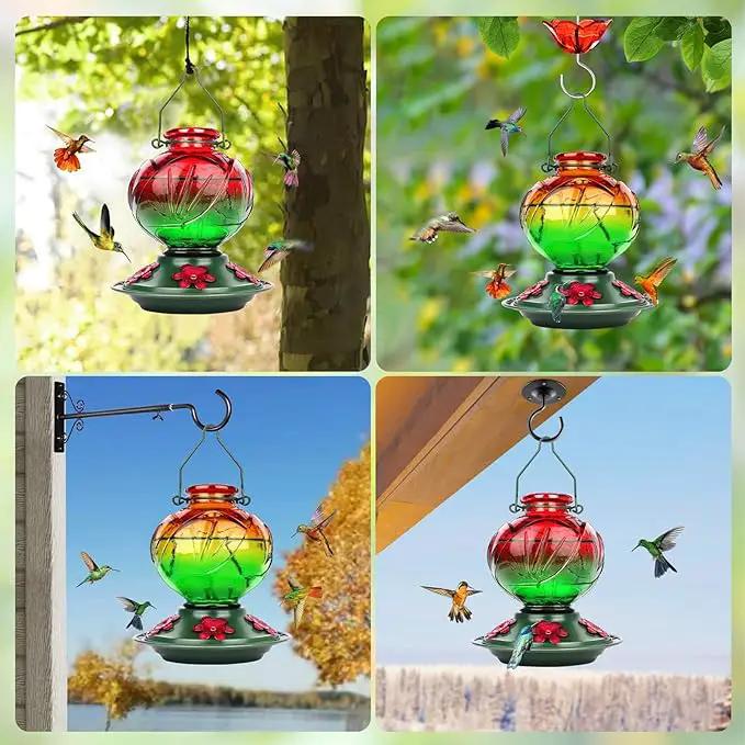 BOLITE Hummingbird Feeder, Glass Hummingbird Feeders for Outdoors Hanging, 22 Ounce, Five Feeding Ports with Perch, Peony Flower Shape, Orange and Green, Gifts for Women Men, Gifts for Mom Dad by GreenHaven Gardens