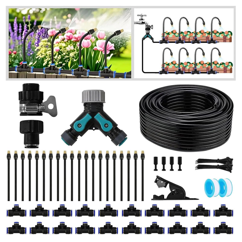 Drip Irrigation Kit - 100 FT. Hose Sprinkler System with 360° nozzles and T-connectors for Gardens, lawns, Plants, Flower beds, Trees, patios and hydroponics (Closeable nozzle-20) by GreenHaven Gardens