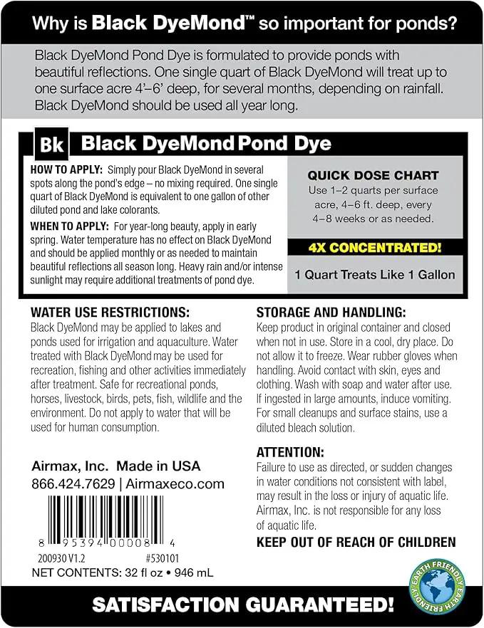 Airmax Black DyeMond Pond Dye 4X Concentrate for Outdoor Ponds & Lakes, Natural Pond Colorant & Beauty Enhancer, Block Ultraviolet Rays, Fish, Bird & Livestock Safe, Easy Liquid Application, 1 Quart by GreenHaven Gardens