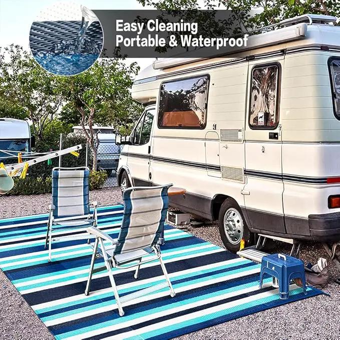 Outdoor Waterproof Rug 9'x12' Plastic Straw Rugs Washable Reversible Floor Mat Blue Stripe Carpet for Camping RV Deck Entryance Porch Picnic Balcony Beach Backyard by GreenHaven Gardens