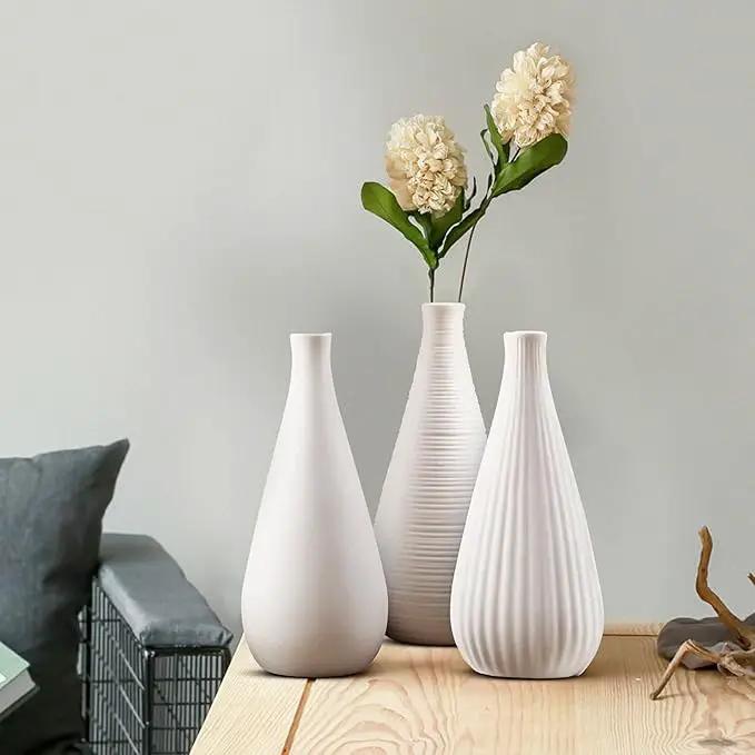 White Vases Home Decor Modern Ceramic Decorative Vases for Home Decor, Flower Vases & Centerpiece, Minimalist Design Set of 3 by GreenHaven Gardens