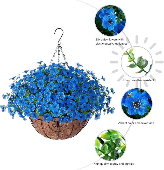 Artificial Fake Hanging Plants Flowers with Basket Outdoor Decor Faux Silk Daisy Flower Arrangements in Pot Planter for Porch Home Indoor Patio Garden Yard Decoration, Blue by GreenHaven Gardens