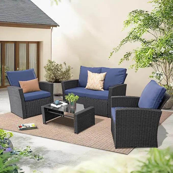 4 Piece Outdoor Patio Furniture Set,Wicker Conversation Sets Outdoor Sectional Patio Sofa Couch with Cushions & Coffee Table for Outside, Garden, Balcony, Porch,Black/Blue by GreenHaven Gardens