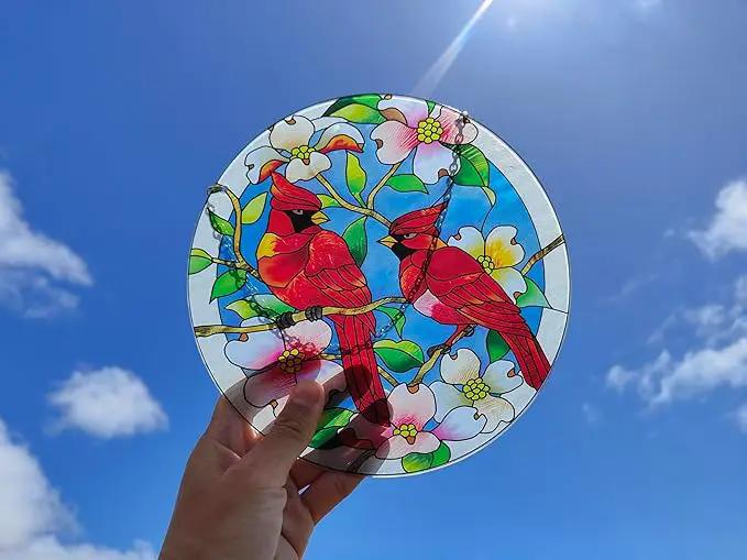 AUFURI Large Size Cardinal Suncatcher - 8.6 inch Stained Glass Window Hanging - Pairs of Red Cardinal Birds - Cardinal Gifts for Women, Hand Painted Glass Cardinal for Birds Lover, Window (8.6inch) by GreenHaven Gardens