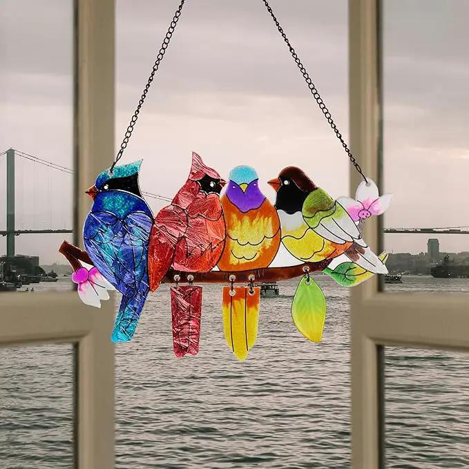 Stained Glass Window Hanging, Birds on A Branch Stain Glass Suncatcher, Hand-Painted Sun Catchers Indoor Window Decoration Bird Lover Gift for Mom, Grandma, Stocking Stuffers for Women by GreenHaven Gardens