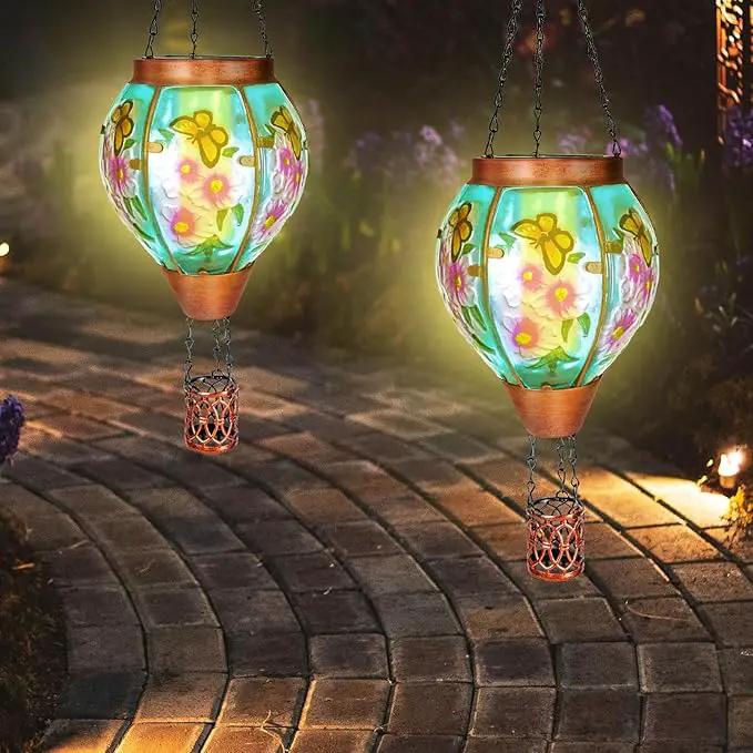 2 Pack Solar Hot Air Balloon Lantern with Flame， Butterfly Glass Outdoor Solar Lanterns for Outside Hanging Farmhouse Patio Pathway Decor, Butterfly Gifts for Women Grandma Mom - Butterfly by GreenHaven Gardens