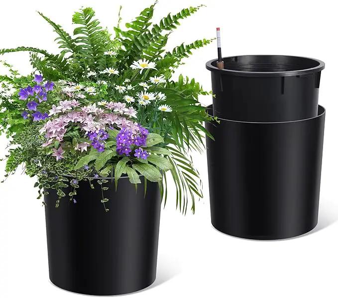 Tall Round Planter Set of 2, 19.5‘’ H x 19.9" Dia Large Planters for Indoor Plants with Built-in Drainage and a Water Level Monitor and Wheels for Patio, Porch, Living Room, or Home Office, Black by GreenHaven Gardens