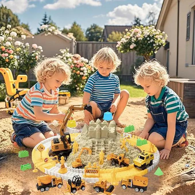 Sand Construction Kit, 2.2lbs Play Sand with Sandbox, 1 Toy Mat 8 Alloy Construction Trucks Race Tracks 10 Sand Molds Sensory Bin Toys for Toddlers Boys Girls Ages 3-8 by GreenHaven Gardens