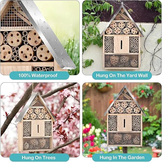 Wooden Mason Insect Bee Butterfly House,Insect Hotel,an Outdoor Hanging Bamboo Habitat for Bee Butterfly Ladybugs Live,Bee Box,Butterfly Habitat for Garden,9 x 15.7 x 2.5 Inch by GreenHaven Gardens