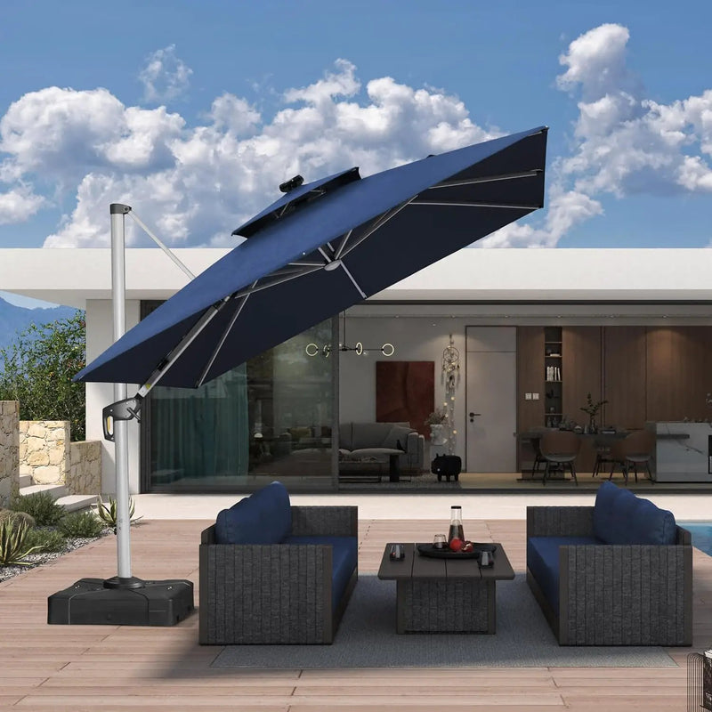 PURPLE LEAF 10' X 10' Solar Powered LED Patio Large Umbrella Offset Double Top Hanging Umbrella Outdoor Market Umbrella for Garden, Spectrum Indigo by GreenHaven Gardens