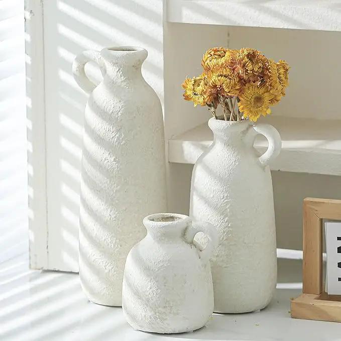 Ceramic Vase Set of 3 with Handle, Neutral Rustic Vases Home Decor Farmhouse Decorative Vase Whitewashed Pottery Decor Modern for Table Mantel Entryway Bookshelf Living Room Kitchen Bedroom - White by GreenHaven Gardens