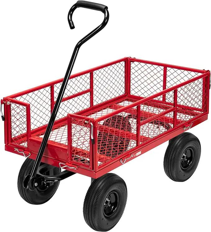 VIVOHOME Heavy Duty 880 Lbs Capacity Mesh Steel Garden Cart Folding Utility Wagon with Removable Sides and 4.10/3.50-4" Wheels 10 inch Tire(Red) by GreenHaven Gardens