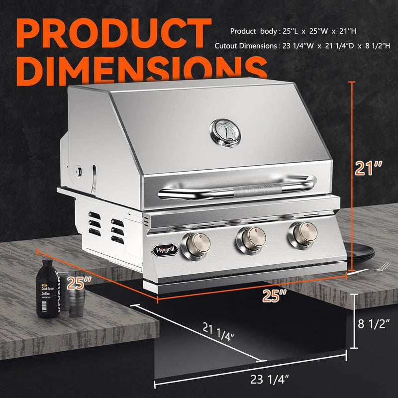Hygrill Heavy Duty 3-Burner Built In Grill, Stainless Steel Grill Head for Outdoor Kitchen, Liquid Propane by GreenHaven Gardens
