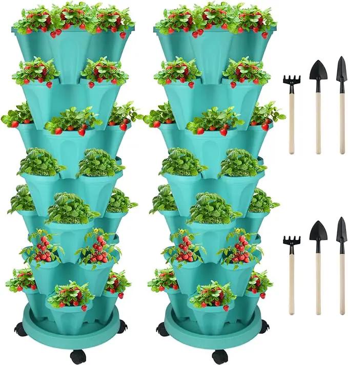 Vertical Planter 7 Tier Stackable Planters Garden Planters Strawberry Herb Flower and Vegetable Planter Indoor Outdoor Gardening Pots with Removable Wheels and Tools by GreenHaven Gardens