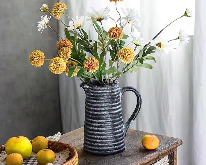 Quoowiit Ceramic Rustic Vase with Handle, Black Distressed Decorative Farmhouse Pitcher Vase for Home Decor Living Room Bedroom Kitchen Office Shelf Decor Centerpiece Table Decoration by GreenHaven Gardens