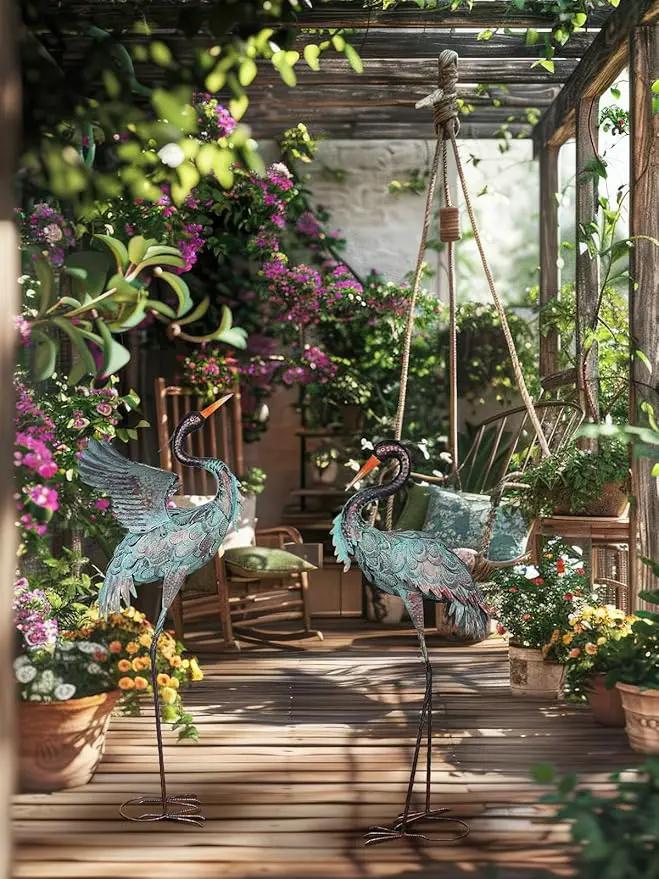YEAHOME Garden Decor Outdoor Statues, 38"/36" Large Metal Heron Standing Yard Art, Blue Crane Lawn Sculptures Garden Decor for Outside Patio Porch Backyard, Set of 2 by GreenHaven Gardens