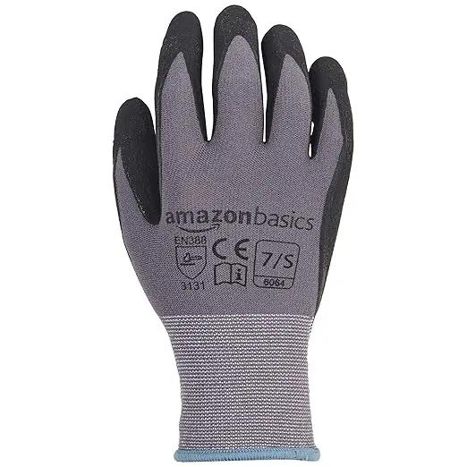 Amazon Basics Micro-Foam Nitrile Coated Work Gloves, Nylon Liner Fiber, Touch Screen, Grey, Size 7/S, 12-Pair by GreenHaven Gardens