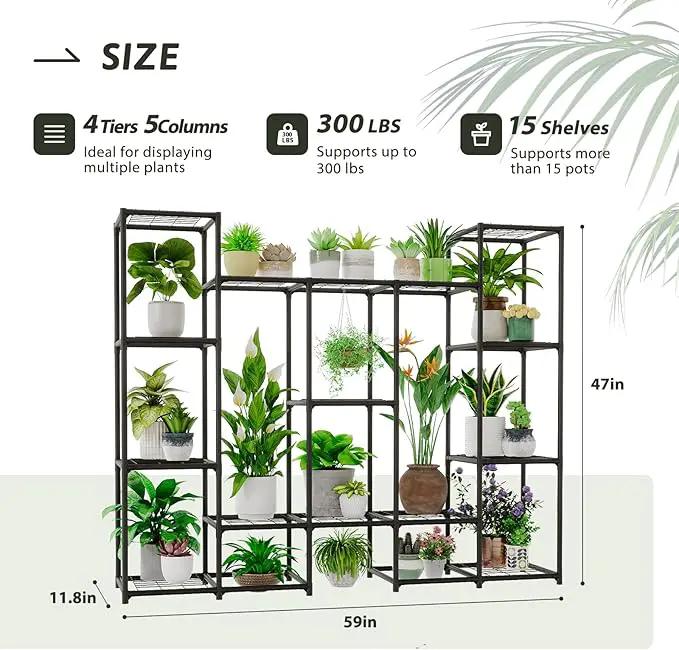 Large Plant Stand Indoor Outdoor Metal Plant Shelf Waterproof Plant Rack for Multiple Plants Wide Flower Stand for Patio Balcony Garden Black by GreenHaven Gardens