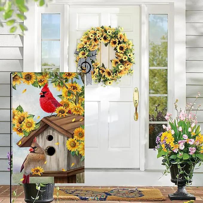 BLKWHT Summer Sunflowers Cardinal Bird Garden Flag 12x18 Vertical Double Sided Yellow Flowers Spring Farmhouse Holiday Outside Decorations Burlap Yard Flag BW815 by GreenHaven Gardens