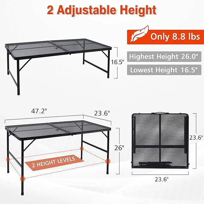 Folding Grill Table, 4x2 FT Portable Camping Table, Lightweight Height Adjustable Metal Tables with Mesh Desktop and Mesh Bag, Outdoor Tables for Camping, Picnic, Beach and BBQ, Black by GreenHaven Gardens