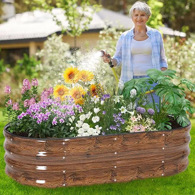 Galvanized Raised Garden Bed Outdoor - 4×2×1ft Planter Raised Beds for Gardening | Oval Metal Garden Planter Box with Safety Edging and Gloves for Vegetables Fruits and Flowers - Grain by GreenHaven Gardens