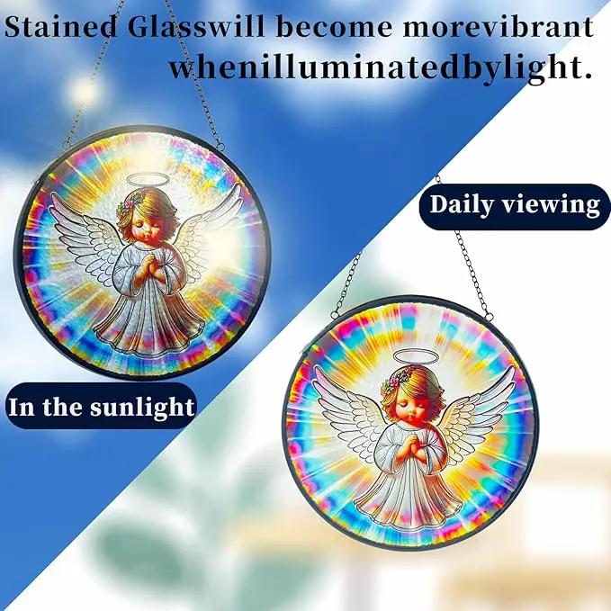 Praying Angel Decor Handmade Stained Glass Suncatcher - Rainbow Maker Stained Glass Suncatchers W/Metal Chain - Spiritual Angelic Gift for Women Christmas Thanksgiving Housewarming Gifts by GreenHaven Gardens
