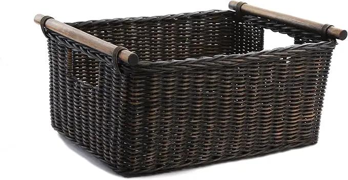 The Basket Lady Pole Handle Wicker Storage Basket, Extra Large, 20 in L x 16 in W x 10 in H, Antique Walnut Brown by GreenHaven Gardens