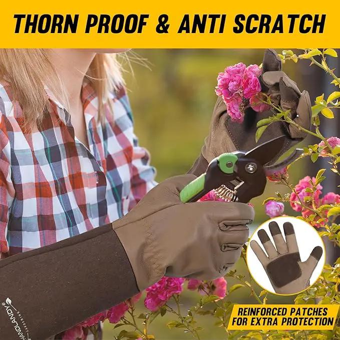 HANDLANDY Long Gardening Gloves for Men & Women, Cowhide Leather Rose Pruning Gloves- Breathable & Durable Gauntlet Glove (Small, Brown) by GreenHaven Gardens