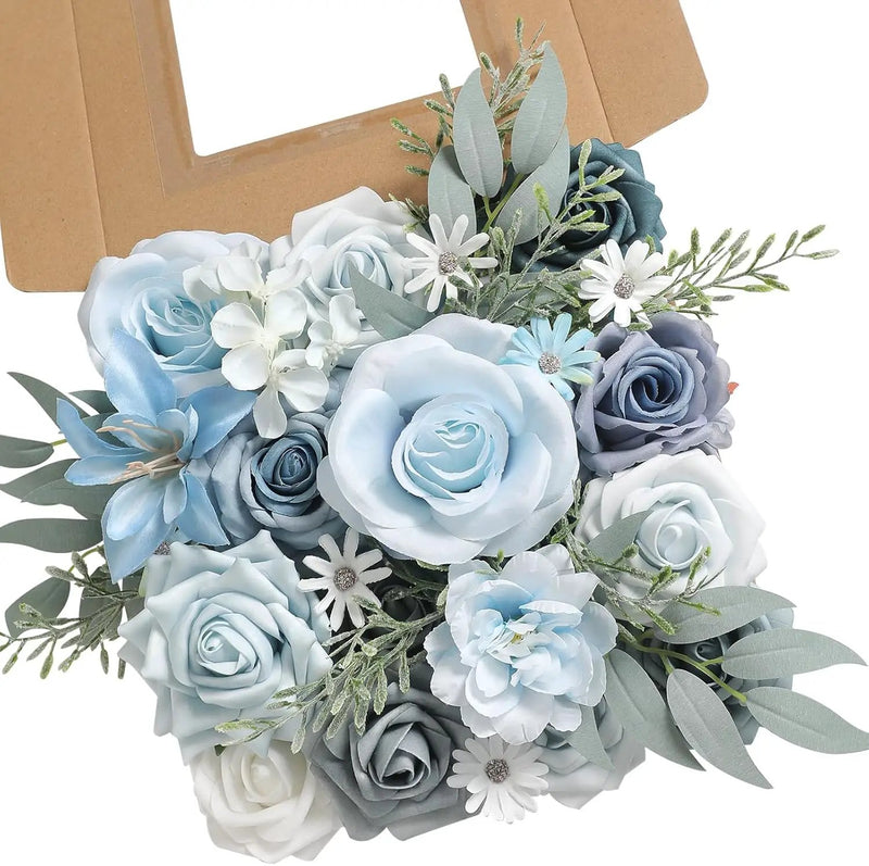 Blue Artificial Flowers Silk Fake Roses Peonies Greenery Combo Box Set for DIY Wedding Bouquets Bridal Shower Centerpieces Floral Arrangements Party Tables Home Decoration by GreenHaven Gardens