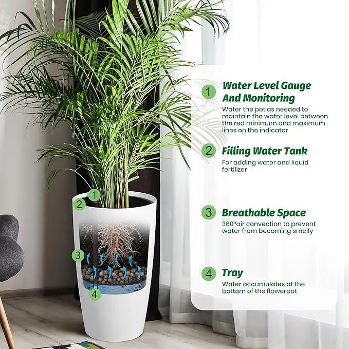 22" Tall Round Planter Set of 2, Self Watering Pots for Indoor Plants, Large Flower Pot Outdoor with Built-in Drainage and a Water Level Monitor, for Patio, Porch, Living Room, or Home Office, White by GreenHaven Gardens