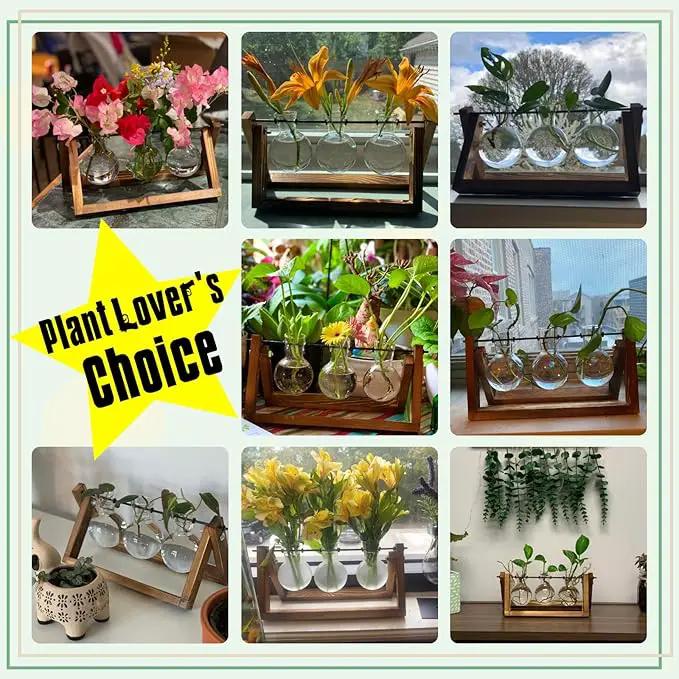 XXXFLOWER Plant Terrarium with Wooden Stand, Air Planter Bulb Glass Vase Metal Swivel Holder Retro Tabletop for Hydroponics Home Garden Office Decoration - 3 Bulb Vase by GreenHaven Gardens