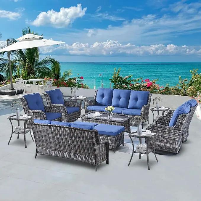 Wicker Patio Furniture Sets - 13 Piece Outdoor Rattan Furniture Conversation Sets with 4 Swivel Rocker Chairs, 2 Rattan Sofas, Wicker Ottomans and Coffee Table, Mixed Grey/Blue by GreenHaven Gardens