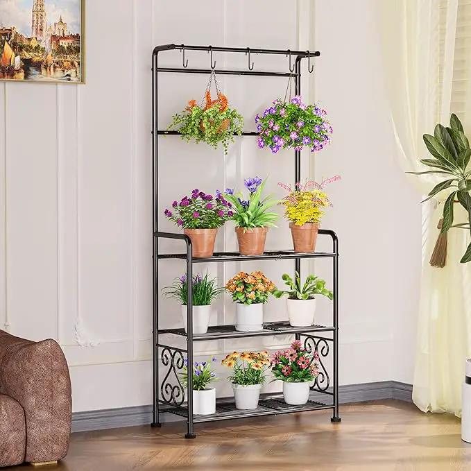 Plant Stand Indoor Outdoor Heavy Duty Metal - 56.4" Tall 3-Tier Shelf for Multiple Plants, Flowers, Rustproof Black Storage Rack for Patio, Balcony, Living Room, Garden, Includes Hooks&Adjustable Feet by GreenHaven Gardens