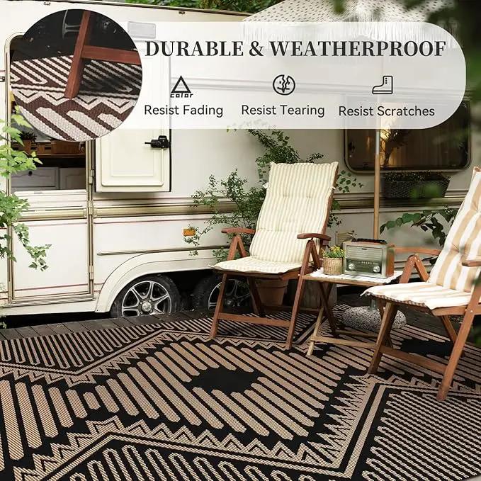 MontVoo Outdoor Rug-Waterproof Camping Rug Patio Rug Mat 6x9 Reversible Plastic Straw Outside Outdoor Rug for RV Camping Picnic Balcony Backyard Pool Deck Porch Modern Boho Black Brown by GreenHaven Gardens