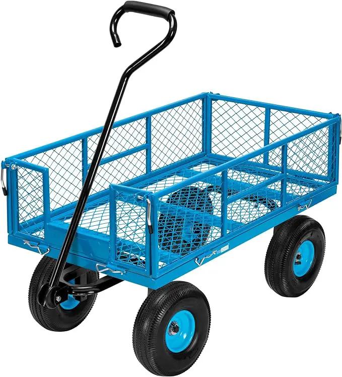VIVOHOME Heavy Duty 880 Lbs Capacity Mesh Steel Garden Cart Folding Utility Wagon with Removable Sides and 4.10/3.50-4" Wheels 10 inch Tire (Blue) by GreenHaven Gardens