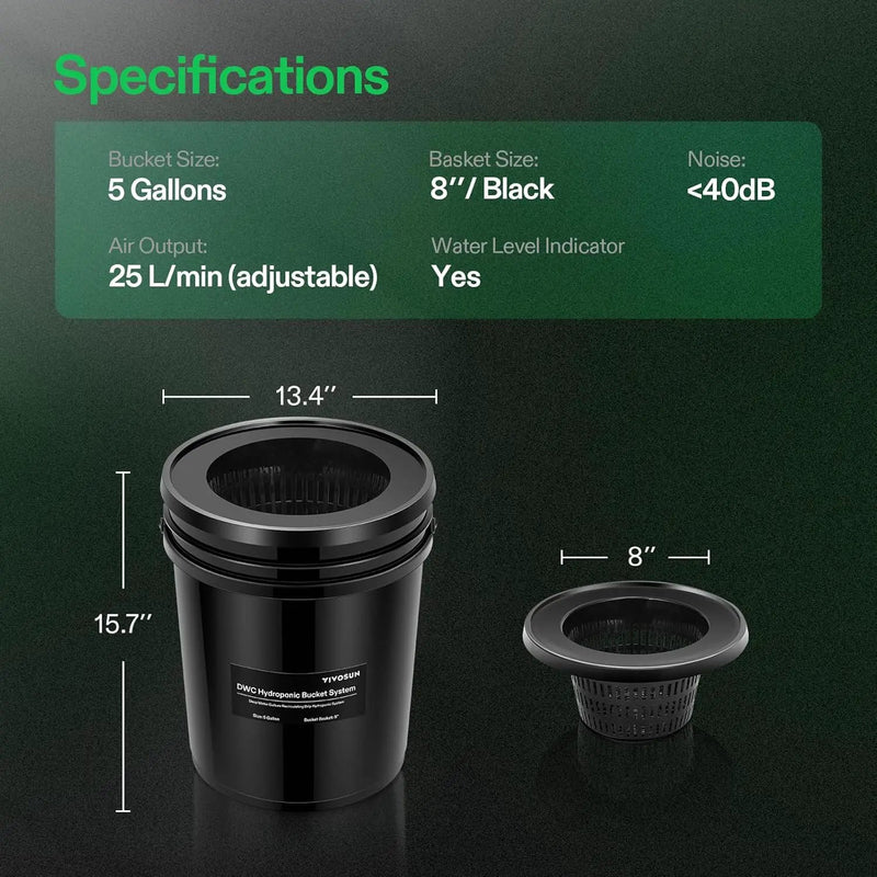 VIVOSUN DWC Hydroponics Grow System with Top Drip Kit, 5-Gallon Deep Water Culture, Recirculating Drip Garden System with Multi-Purpose Air Hose, Air Pump, and Air Stone (1 Bucket + Top Drip Kit) by GreenHaven Gardens